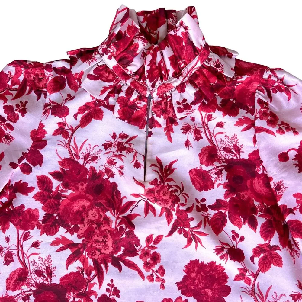 Tuckernuck‎ Zinnia Bloom Bouvier Blouse | Size XXS | Red Floral Ruffle Neck